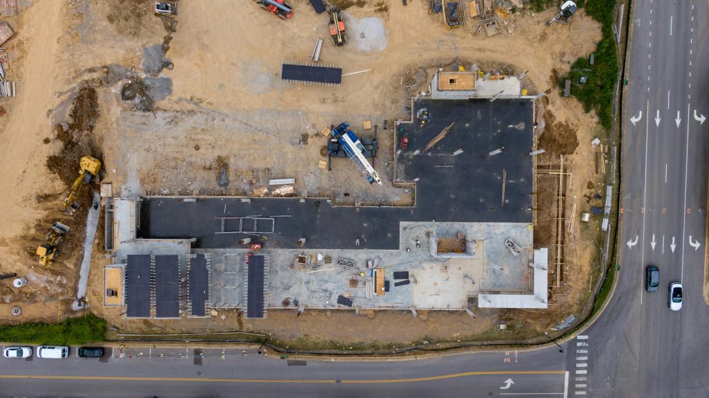Overhead view of a construction site from a drone