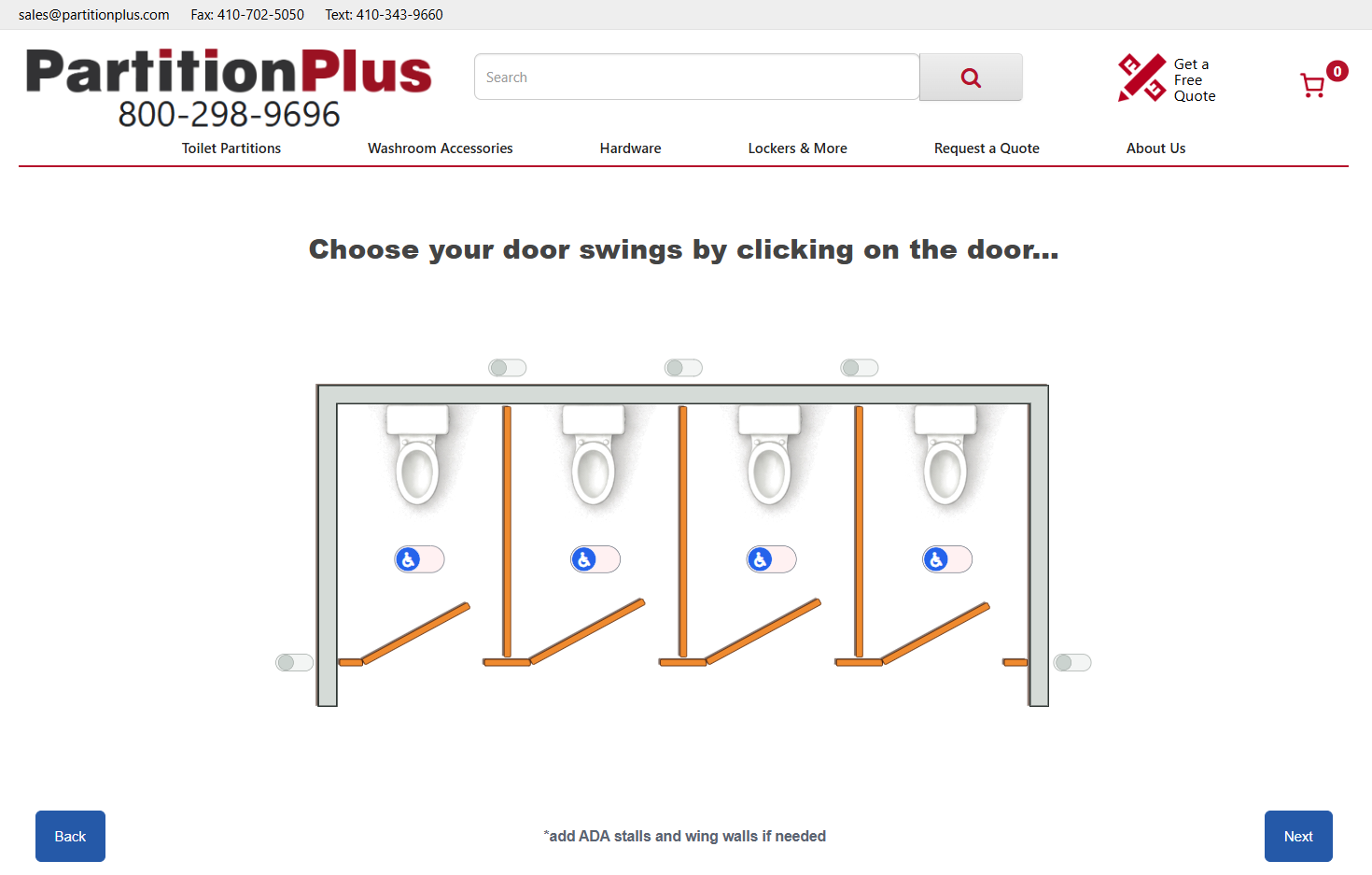 Partition Plus Instant Quote Tool showing a four-stall restroom layout
