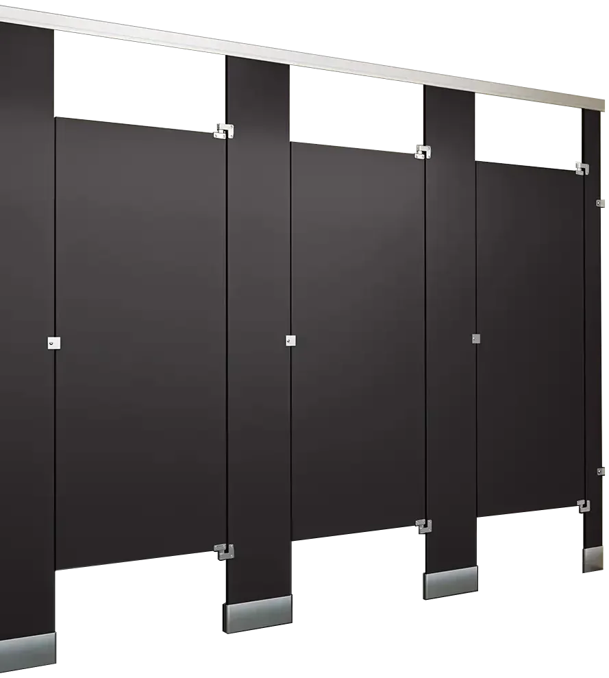 Dark commercial restroom partitions with stainless steel hardware