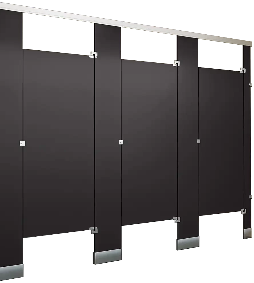 Dark commercial restroom partitions with stainless steel hardware