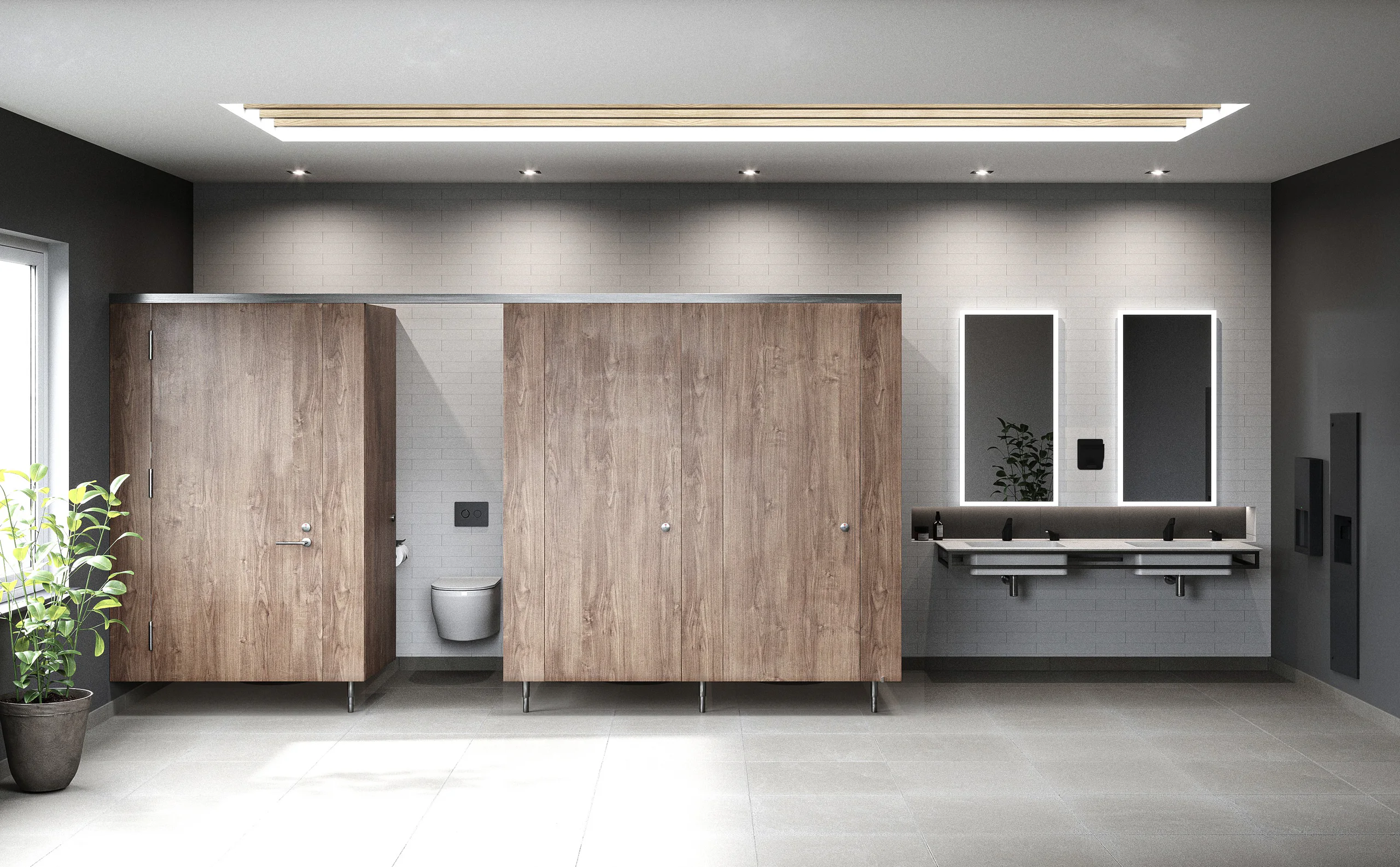 Modern restroom with wood-grain partitions and a double vanity
