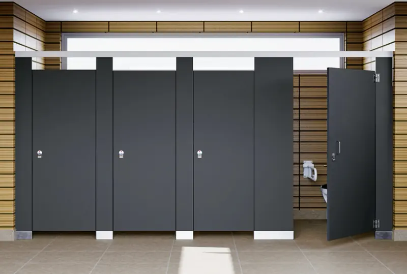 Photo of black solid phenolic toilet partitions