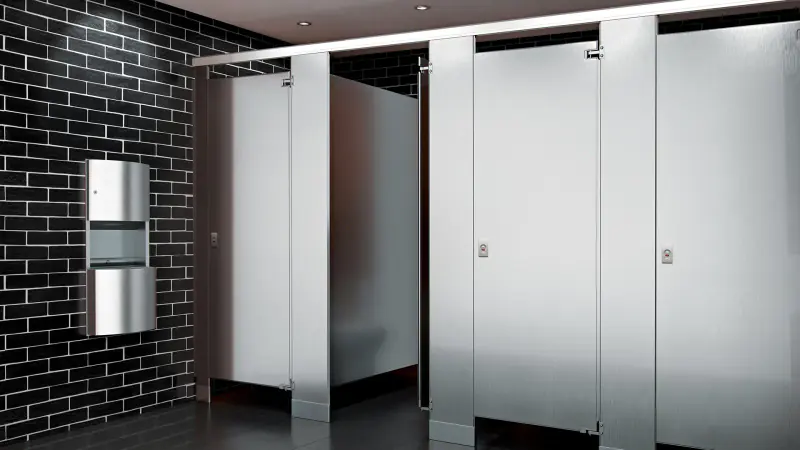 Photo of stainless steel toilet partitions from ASI