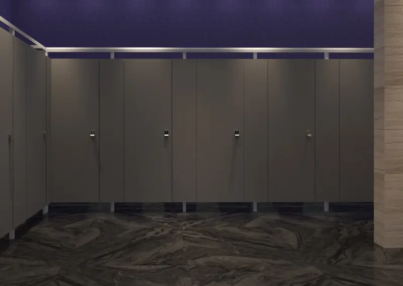 Photo of deep brown Eclipse Series high privacy bathroom partitions