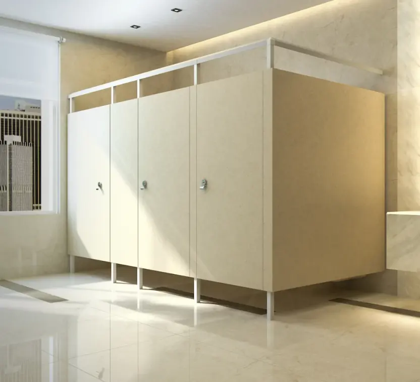 Photo of a set of cream Eclipse series toilet partitions