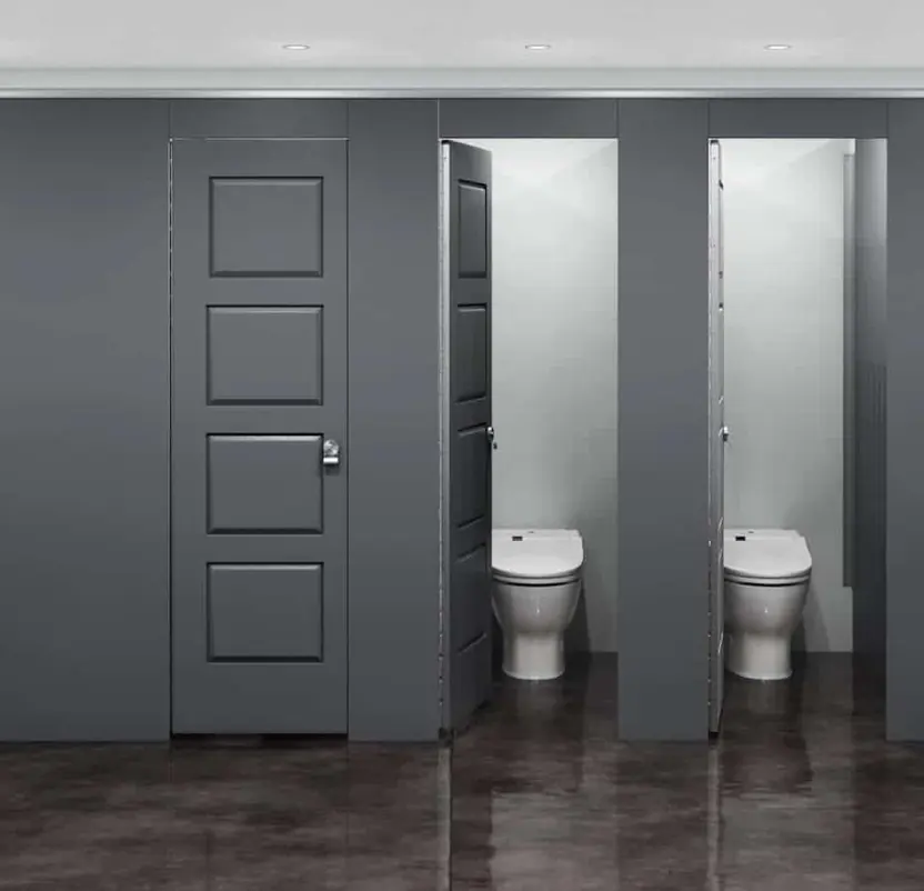 Photograph of grey Aria Series floor to ceiling bathroom partitions