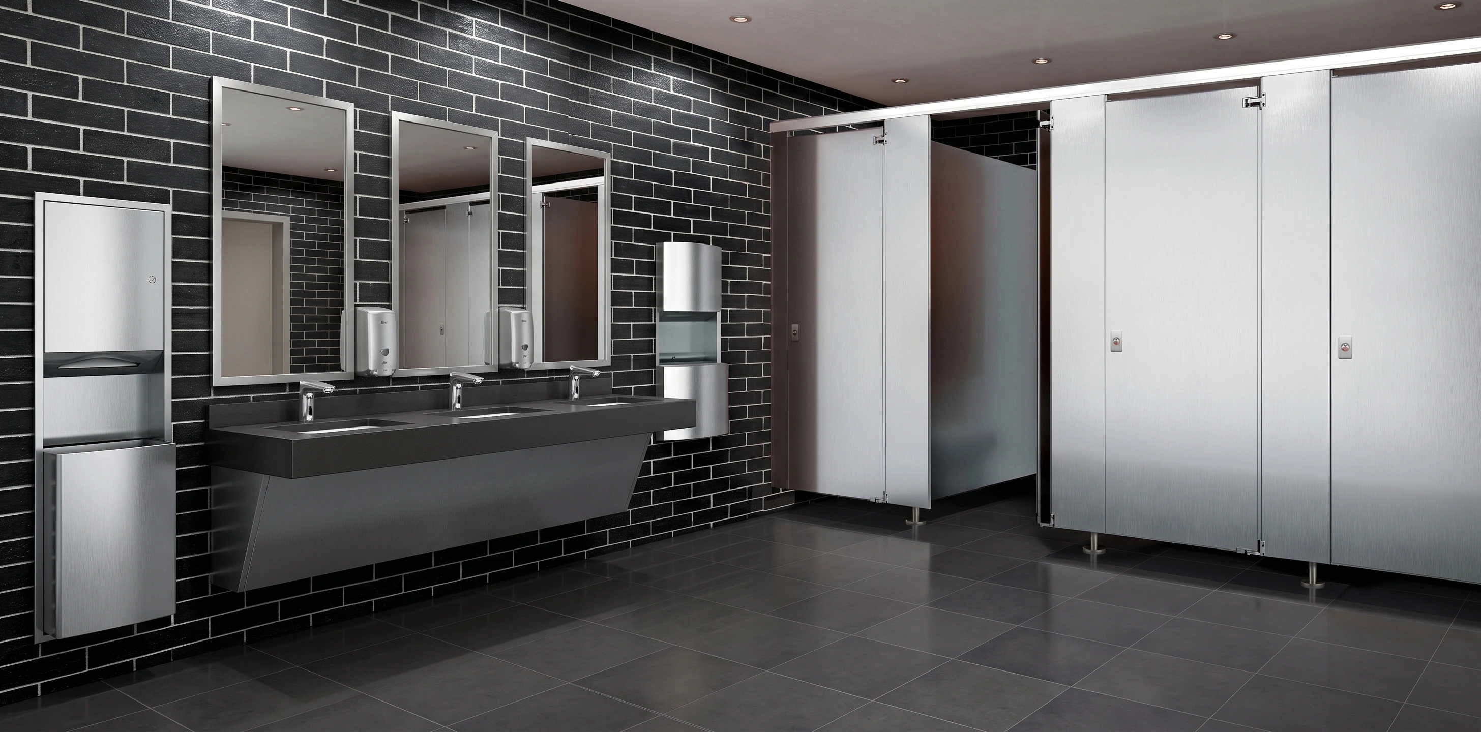 Stainless steel toilet partitions in a modern restroom