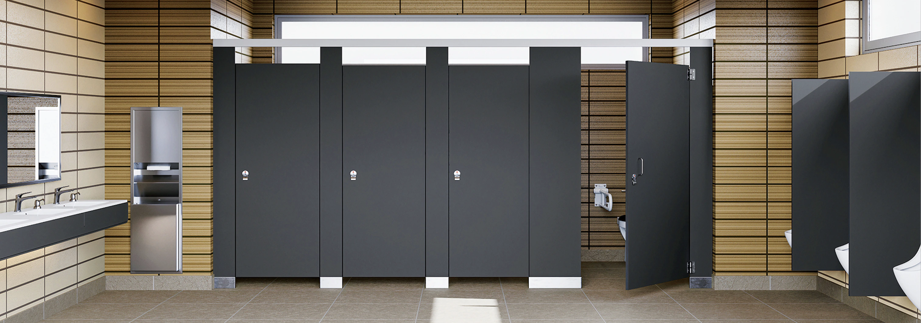 Black solid phenolic toilet partitions