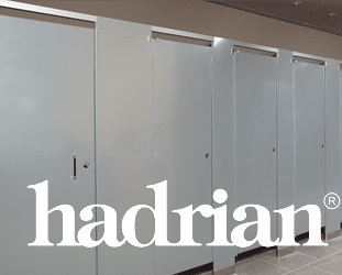Powder coated steel toilet partitions with Hadrian logo