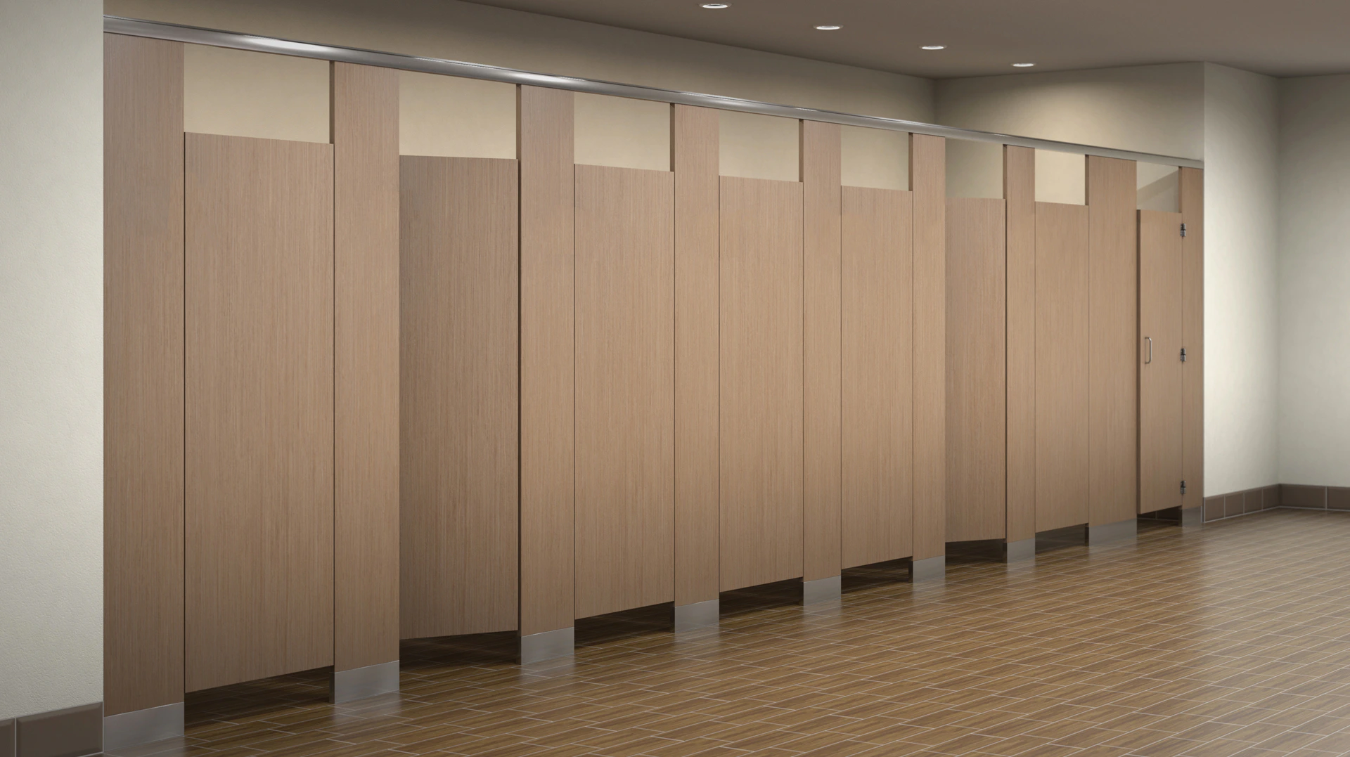 High pressure laminate toilet partitions with a wood-grain finish