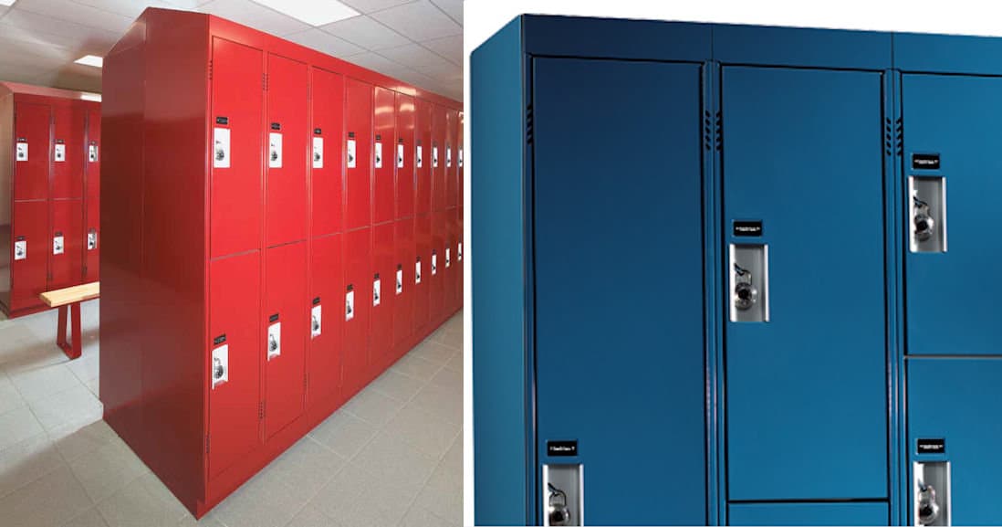 Bright red and blue specialty lockers