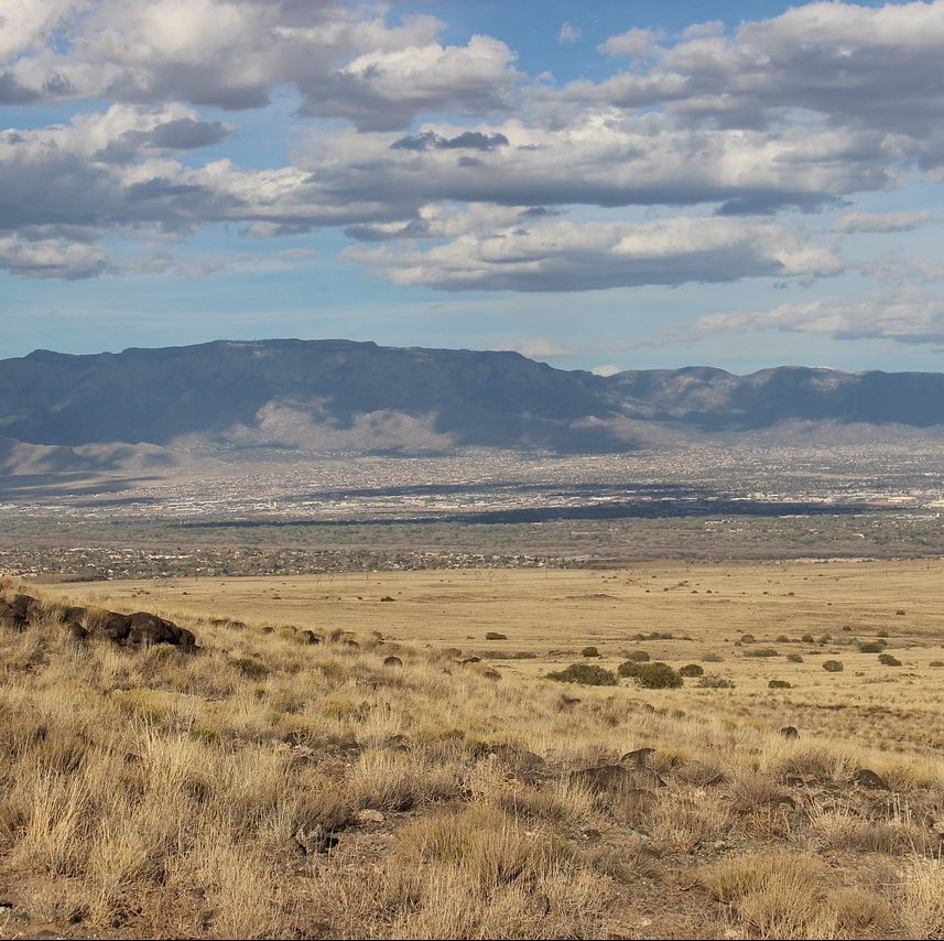 The prairie and mountain landscapes of New Mexico are uniquely colored. Order any color of bathroom stalls in Albuquerque, New Mexico from Partition Plus. Photograph of prairie landscape with blue mountains, Albuquerque, New Mexico.