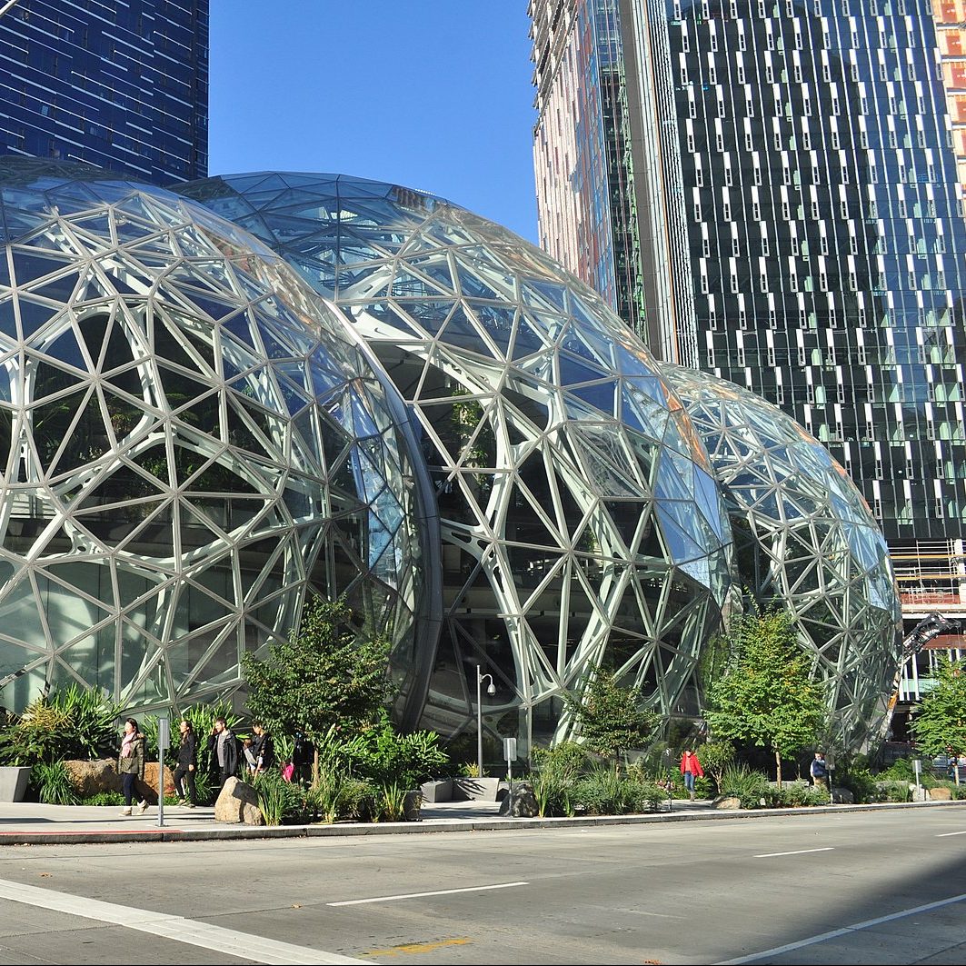 The Amazon Spheres showcase contemporary design. A range of design options are offered when purchasing from Partition Plus. Whether you are searching for plain or eye-catching bathroom stalls for your Seattle, Washington project, we can supply what you need. Photograph of glass and metal Amazon Spheres in Seattle, Washington.