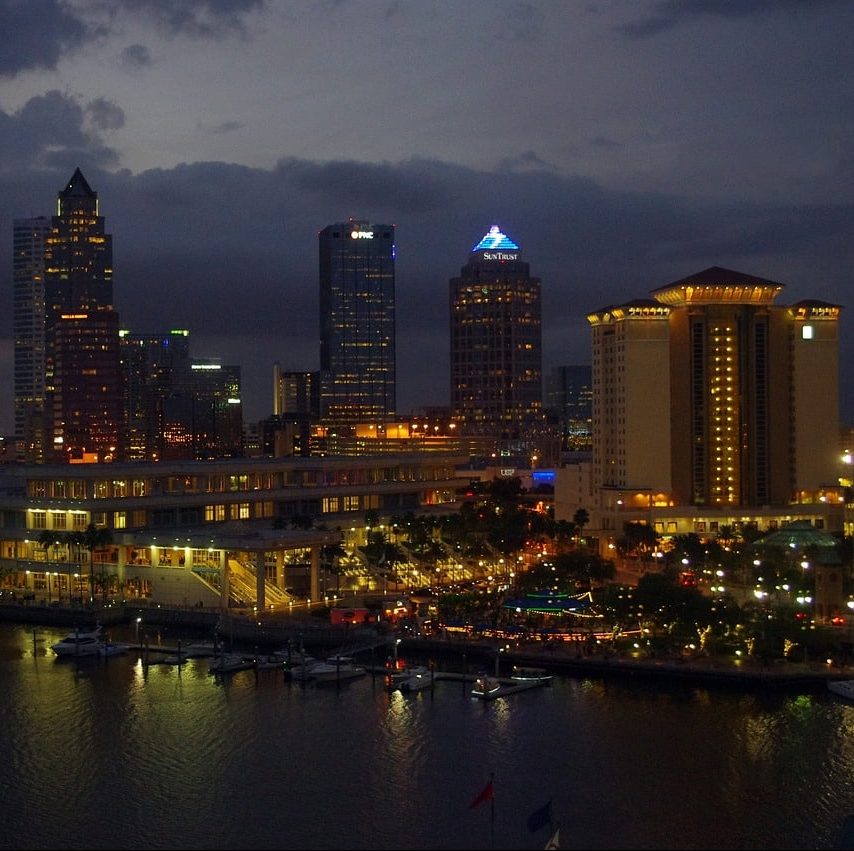 Toilet partitions in Tampa, Florida can look great day and night - buy your bathroom stalls from Partition Plus. Photograph of Tampa, Florida city skyline at night with lights.