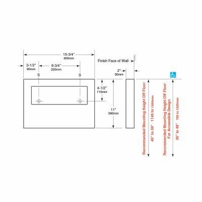 Dimensions of Bobrick B-221 ClassicSeries surface mounted seat cover dispenser.