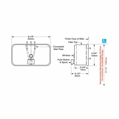 Detailed dimensions of Bobrick B-2112 ClassicSeries surface mounted soap dispenser.