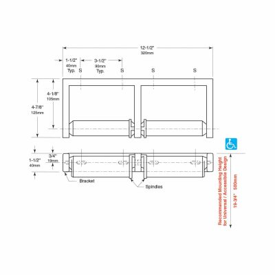 Detailed dimensions of Bobrick B-2740 two roll toilet tissue dispenser.