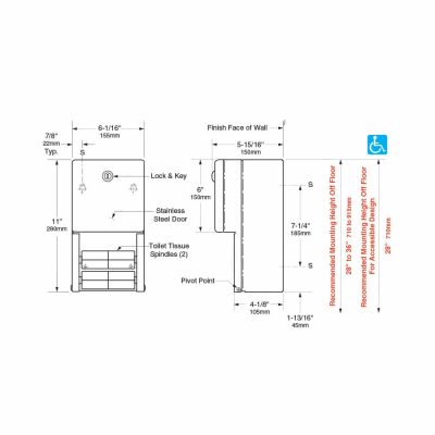 Detailed dimensions of Bobrick B-2888 surface multi roll tissue dispenser.