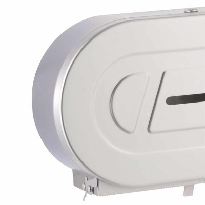 Detail of the Bobrick B-2892 twin jumbo toilet tissue dispenser.