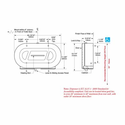 Dimensions of the Bobrick B-2892 twin jumbo toilet tissue dispenser.