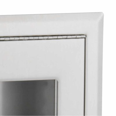 Bobrick B-301 ClassicSeries recessed seat cover dispenser corner detail view.