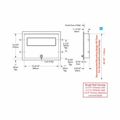 Detailed dimensions of Bobrick B-301 ClassicSeries recessed seat cover dispenser.