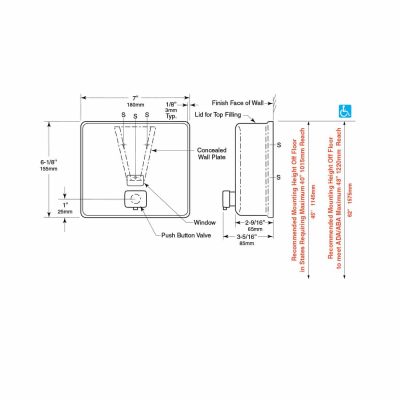 Detailed dimensions of Bobrick B-4112 ConturaSeries surface mounted soap dispenser.