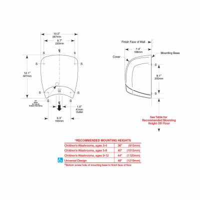 Detailed dimensions of Bobrick B-770 QuietDry DuraDry surface mounted dryer.