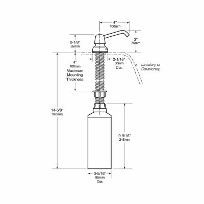 Detailed dimensions of Bobrick B-822 lavatory vanity mounted soap dispenser.