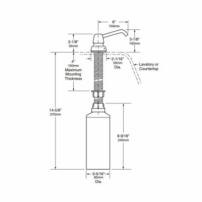 Detailed dimensions of Bobrick B-8226 lavatory vanity mounted soap dispenser.