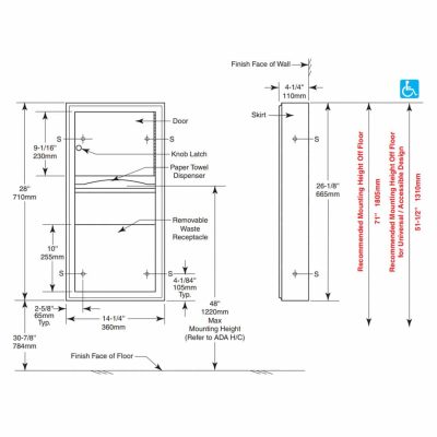 Detailed line drawing of Bobrick B-3699 towel and waste unit