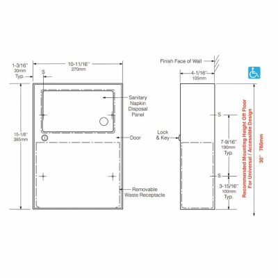 Detailed dimensions of Bobrick B-254 surface mounted sanitary napkin disposal.