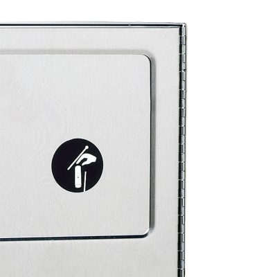 Door detail on Bobrick B-254 surface mounted sanitary napkin disposal.