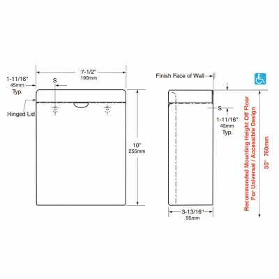 Detailed dimensions of Bobrick B-270 surface mounted sanitary napkin disposal.