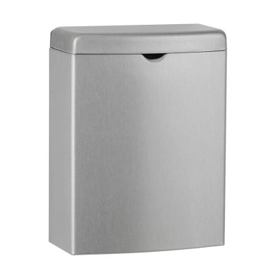 Bobrick B-270 Contura surface mounted sanitary napkin disposal against white.