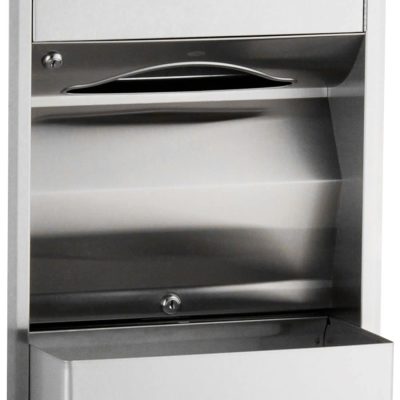 Detail of Bobrick B-3944 recessed convertible towel dispenser waste receptacle