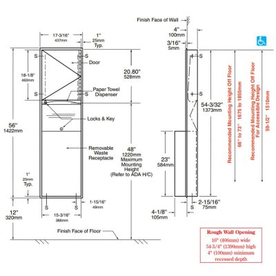 Drawing of Bobrick B-3944 recessed convertible towel dispenser waste receptacle