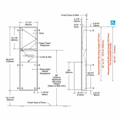 Dimensions of Bobrick B-3949 surface mount convertible towel waste unit