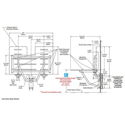 Dimensions of Bobrick B-5181 reversible solid phenolic folding shower seat.