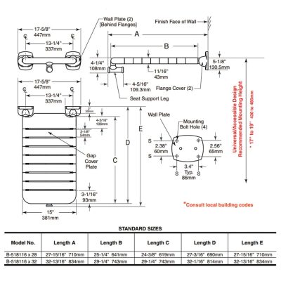 Dimensions of the Bobrick B-518116 vinyl coated folding bathtub seat.