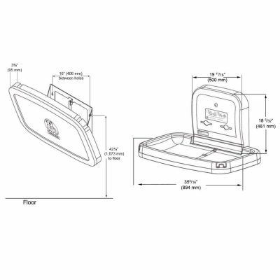 Detailed dimensions of Koala Kare KB200 wall mounted changing station.