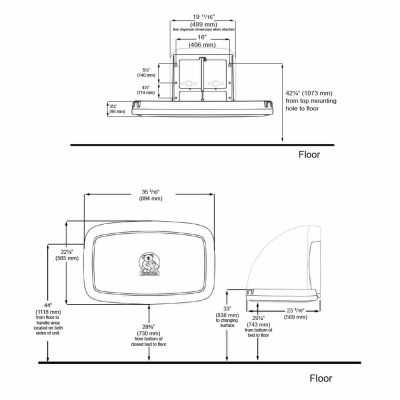 Detailed dimensions of Koala Kare KB200 wall mounted changing station.