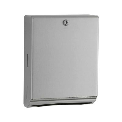 Bobrick B-262 surface mounted folded paper towel dispenser against white.