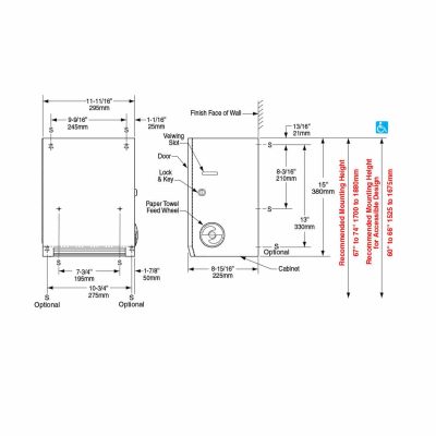 Dimensions of Bobrick B-2860 surface mount roll paper towel dispenser.