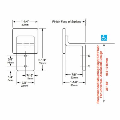 Detailed line drawing of Bobrick B-233 stainless steel coat hook