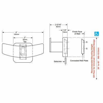 Detailed line drawing of Bobrick B-672 (B-6727) double robe hook