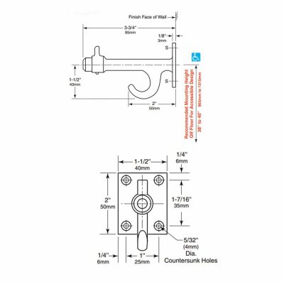 Detailed line drawing of Bobrick B-212 coat hook with bumper