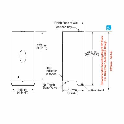 Detailed dimensions of Bobrick B-2012 automatic wall mounted soap dispenser.