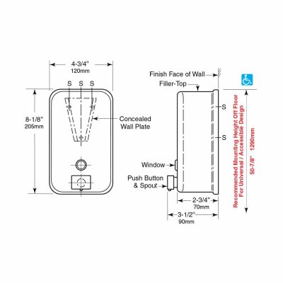 Detailed dimensions of Bobrick B-2111 ClassicSeries surface mounted soap dispenser.