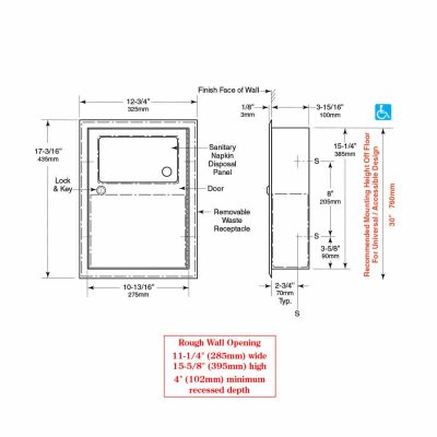 Bobrick Recessed Sanitary Napkin Disposal B-353 line drawing with dimensions.